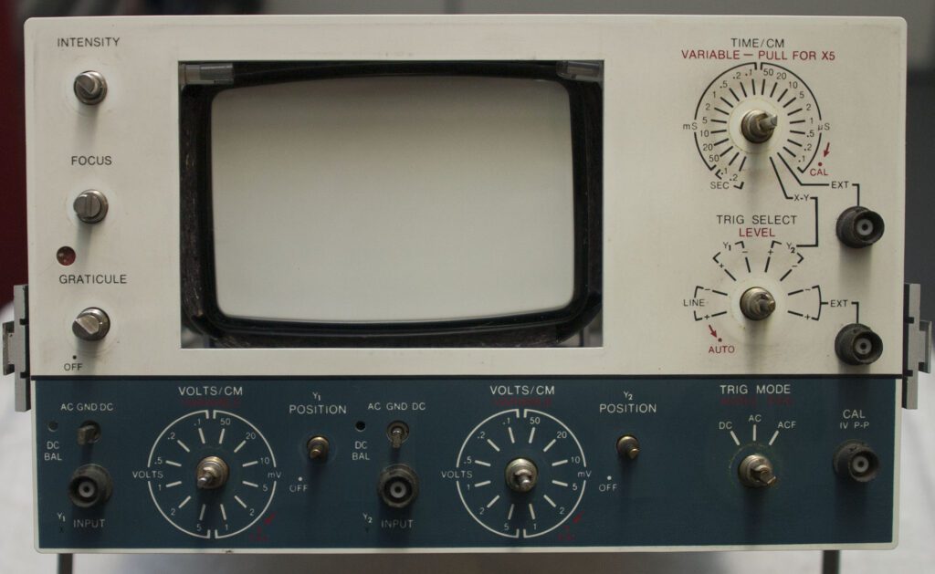 A television set with the controls turned on.